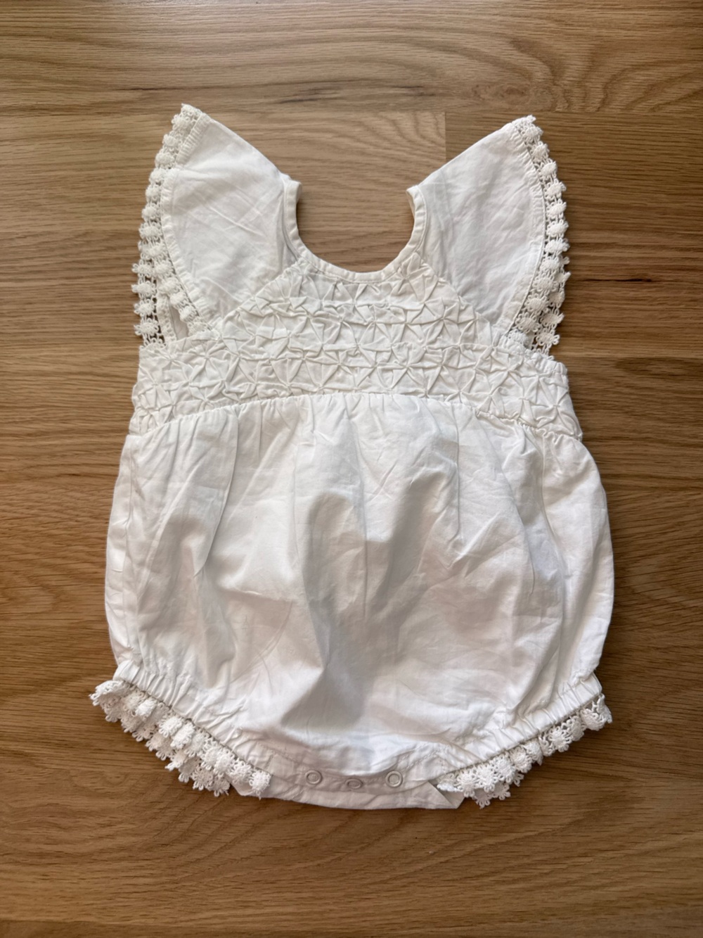 Smocked White Baby Bubble with Lace Trim